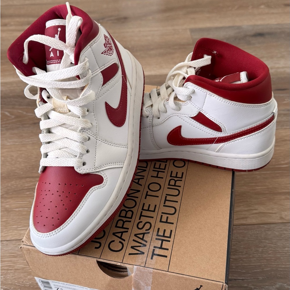 Women’s Jordan 1 Mid Red and White Sneakers